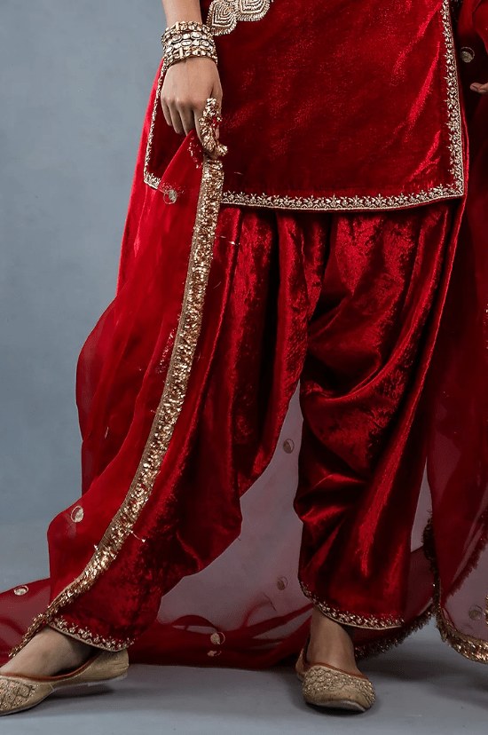 Red Silk Velvet Hand & Machine Embroidered Kurta Set - Image 3