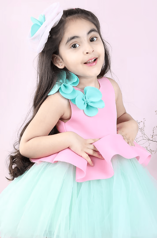 Pink & Sea Green Neoprene Embroidered Flared Dress For Girls - Image 4