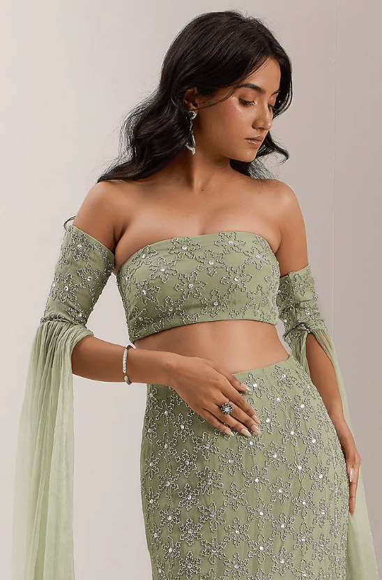 Mint Green Shimmer Chiffon Crystal Embroidered Mermaid Lehenga Set - Image 4