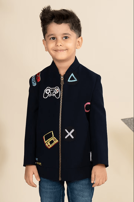 Navy Blue Sandwash Suiting Motif Embroidered Bomber Jacket For Boys