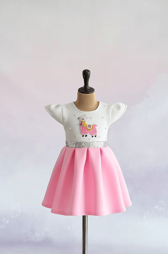 Pink Soft Neoprene Hand Embroidered Box-Pleated Dress For Girls