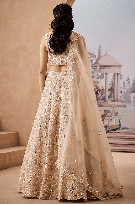 Peach Silk Organza Crystal Stone Embroidered Lehenga Set - Image 2