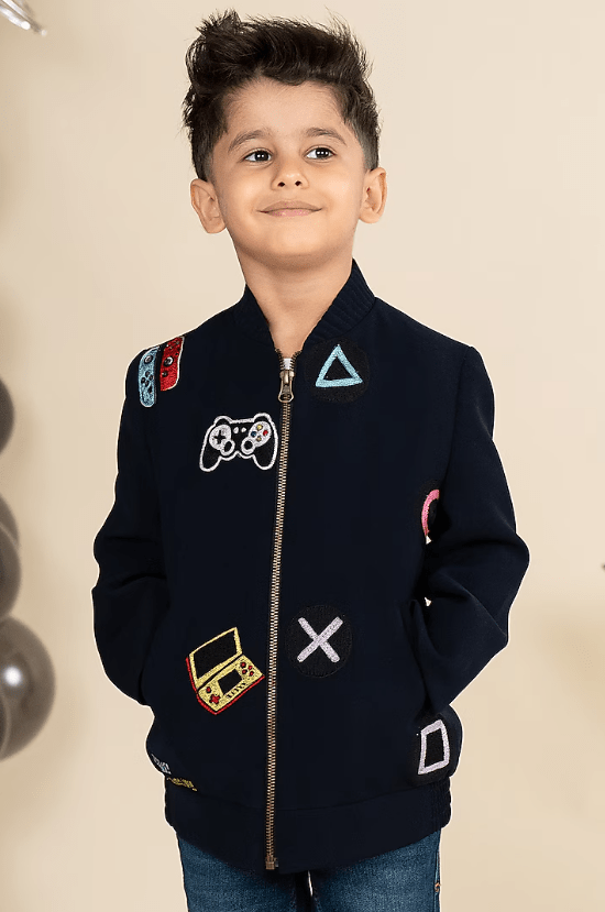 Navy Blue Sandwash Suiting Motif Embroidered Bomber Jacket For Boys - Image 2