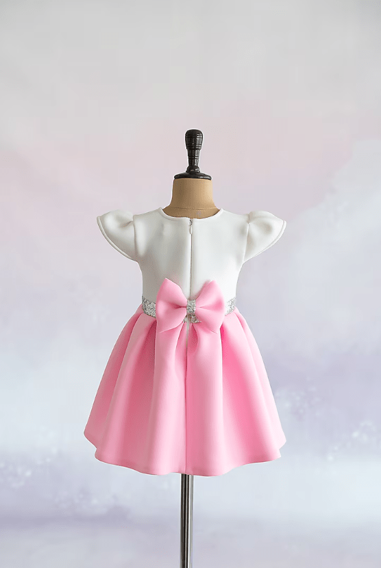 Pink Soft Neoprene Hand Embroidered Box-Pleated Dress For Girls - Image 2