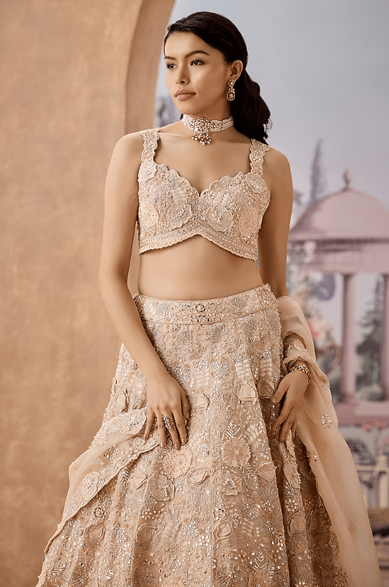 Peach Silk Organza Crystal Stone Embroidered Lehenga Set - Image 3