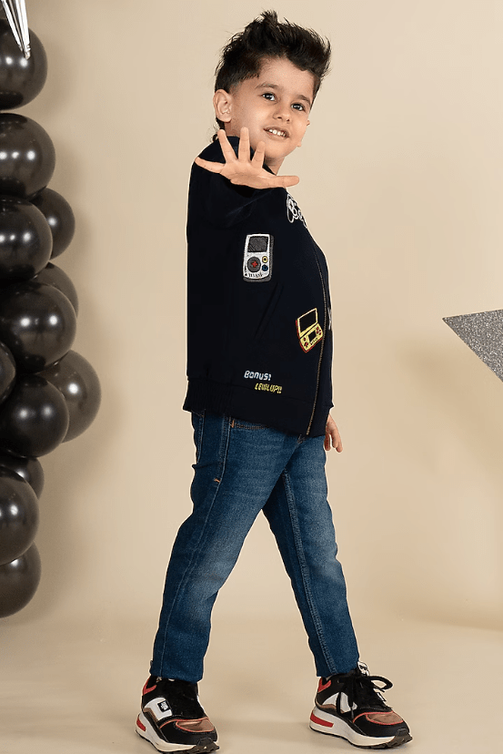 Navy Blue Sandwash Suiting Motif Embroidered Bomber Jacket For Boys - Image 3