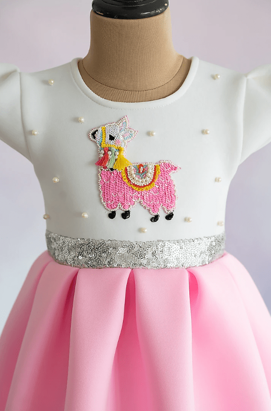 Pink Soft Neoprene Hand Embroidered Box-Pleated Dress For Girls - Image 3