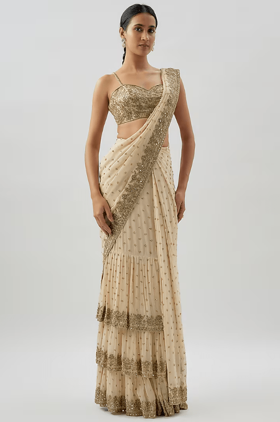 Coconut-Colored & Gold Georgette Hand Embroidered Saree Set