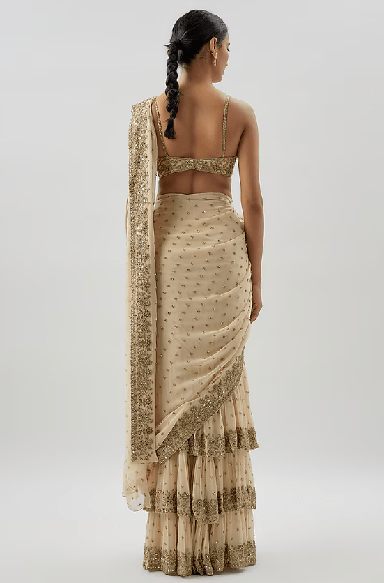 Coconut-Colored & Gold Georgette Hand Embroidered Saree Set - Image 2