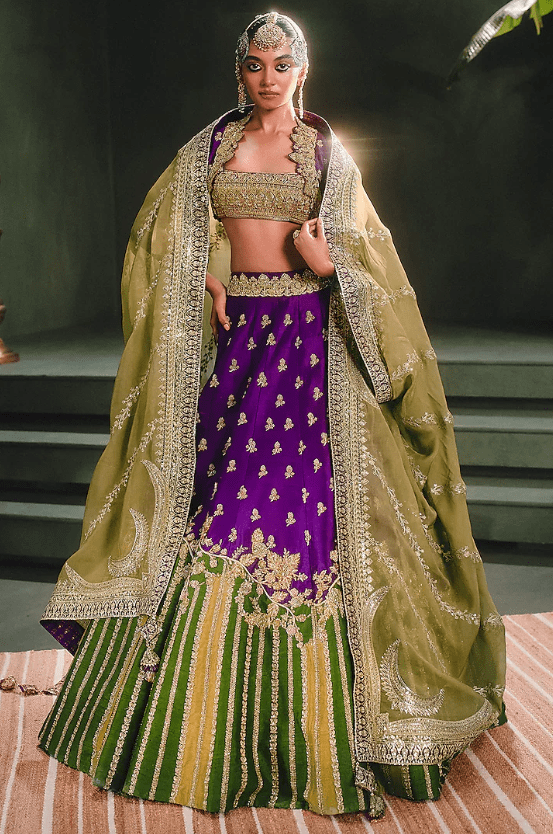 Purple & Lime Green Raw Silk Patchwork Lehenga Set