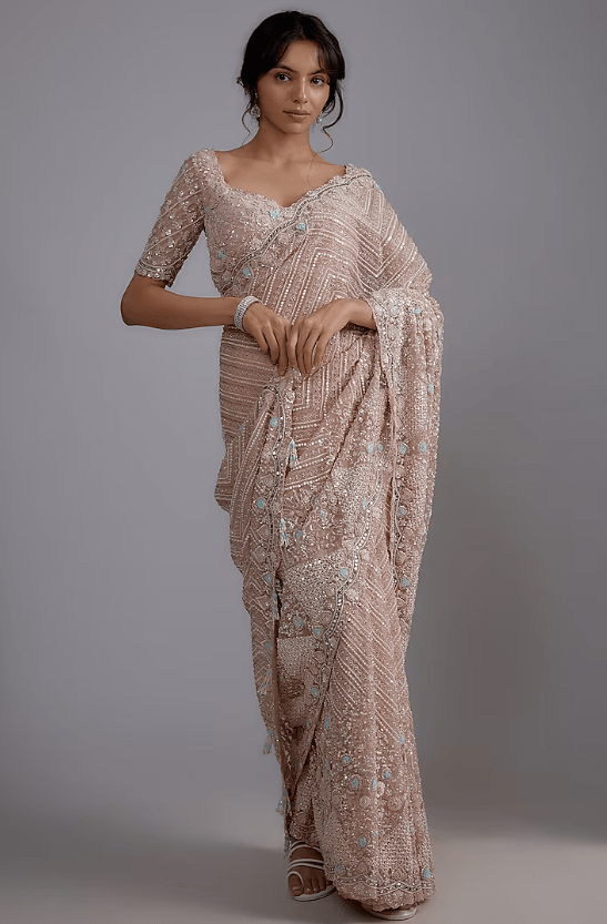Pink Tulle Embellished Saree Set