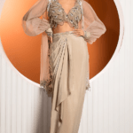 Tan Crepe Draped Skirt Set With Shrug
