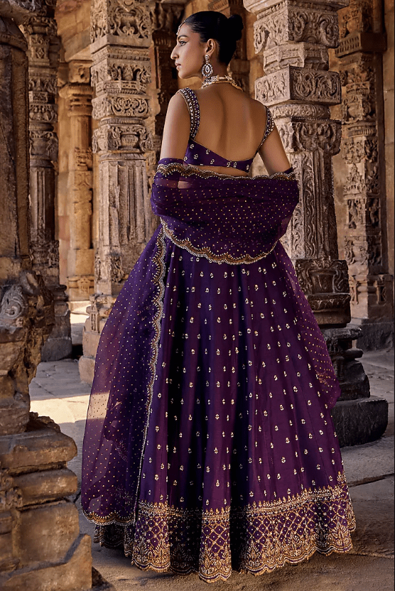 Purple Silk Hand Embroidered Lehenga Set - Image 2