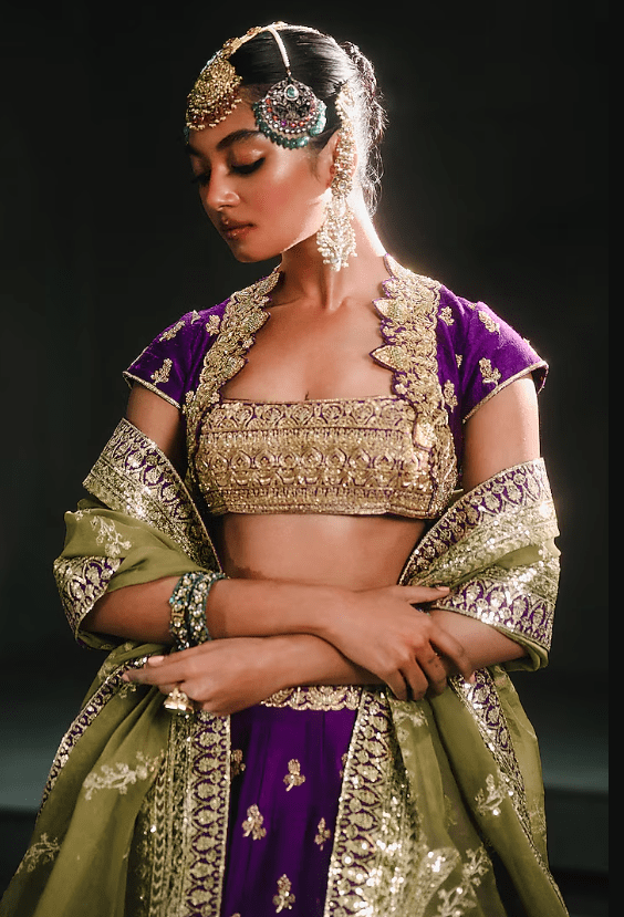 Purple & Lime Green Raw Silk Patchwork Lehenga Set - Image 2