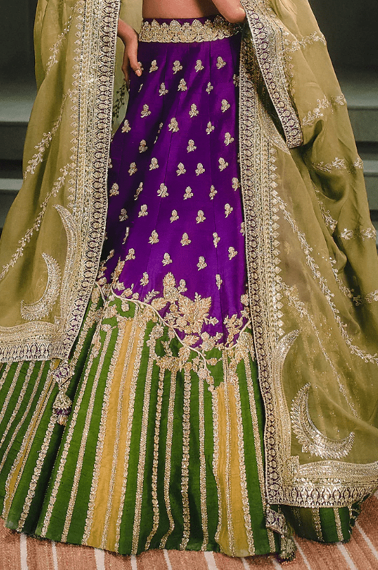 Purple & Lime Green Raw Silk Patchwork Lehenga Set - Image 3