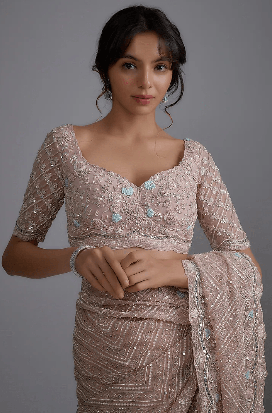 Pink Tulle Embellished Saree Set - Image 3