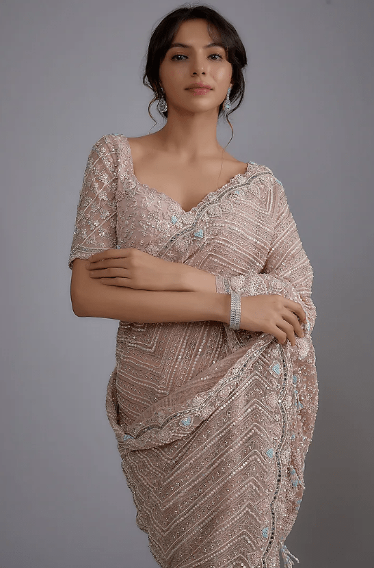 Pink Tulle Embellished Saree Set - Image 4