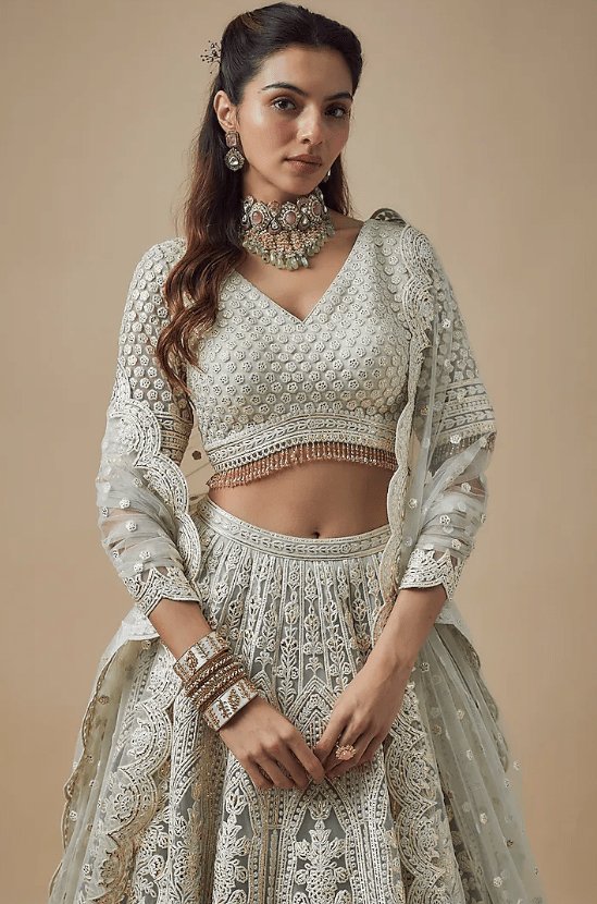 Mint Green Net Resham Work Lehenga Set - Image 4