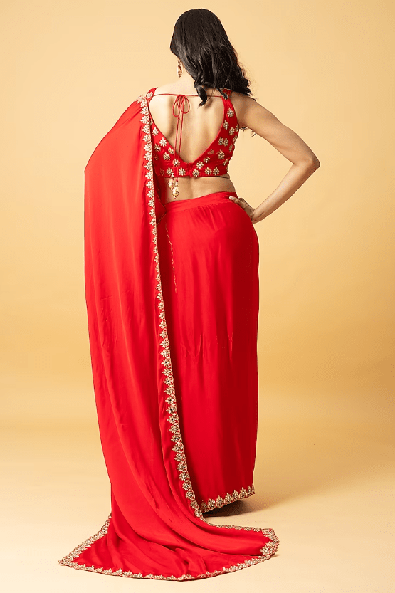 Red Modal Satin Zari Hand Embroidered Pre-Draped Saree Set - Image 2