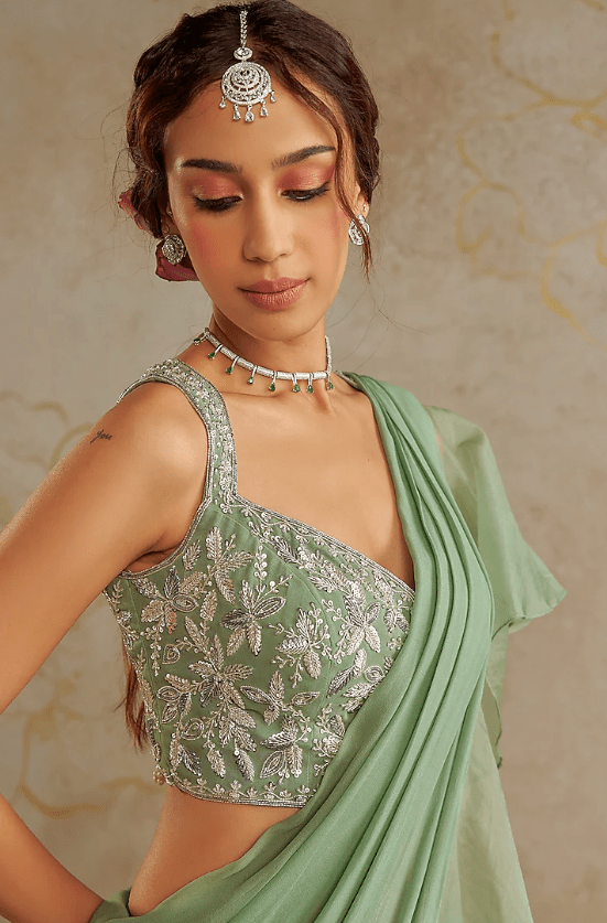 Sage Green Georgette & Organza Frilled Pre-Draped Saree Set - Image 3