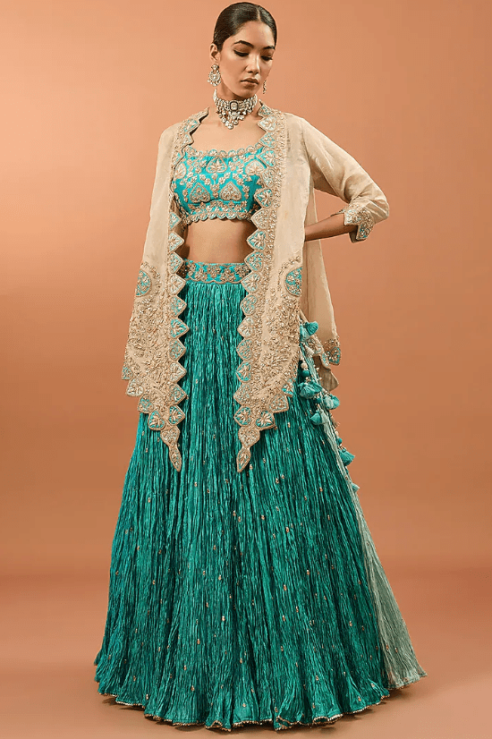 Sea Green Silk Jacket Lehenga Set