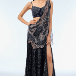 Navy Blue Sequins Draped Skirt Saree Set