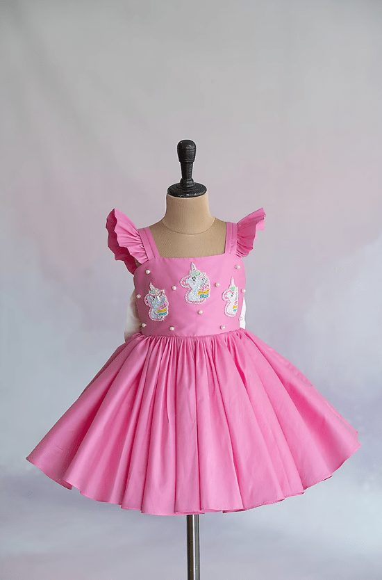 Pink Taffeta Unicorn Embroidered Flared Dress For Girls