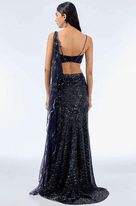 Navy Blue Sequins Draped Skirt Saree Set - Image 2