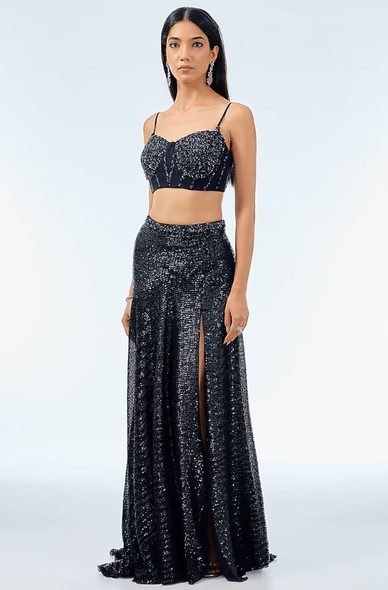 Navy Blue Sequins Draped Skirt Saree Set - Image 3