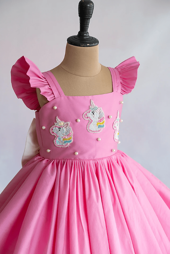 Pink Taffeta Unicorn Embroidered Flared Dress For Girls - Image 3