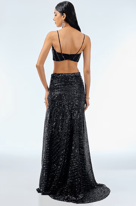 Navy Blue Sequins Draped Skirt Saree Set - Image 4