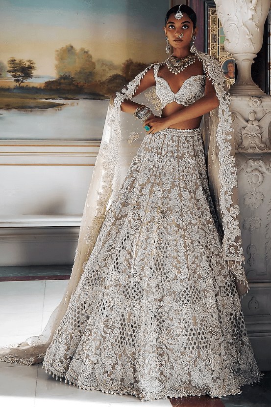 Nude Raw Silk Pearl Embroidered Lehenga Set