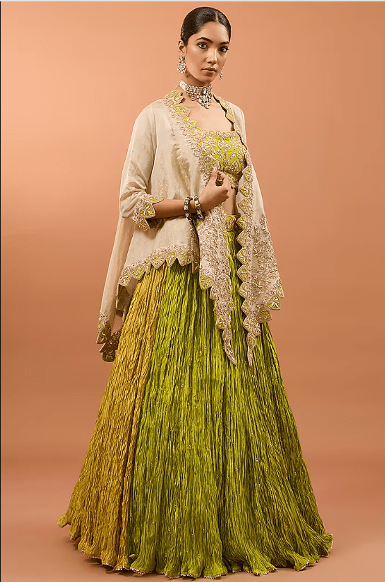 Green Silk Jacket Lehenga Set