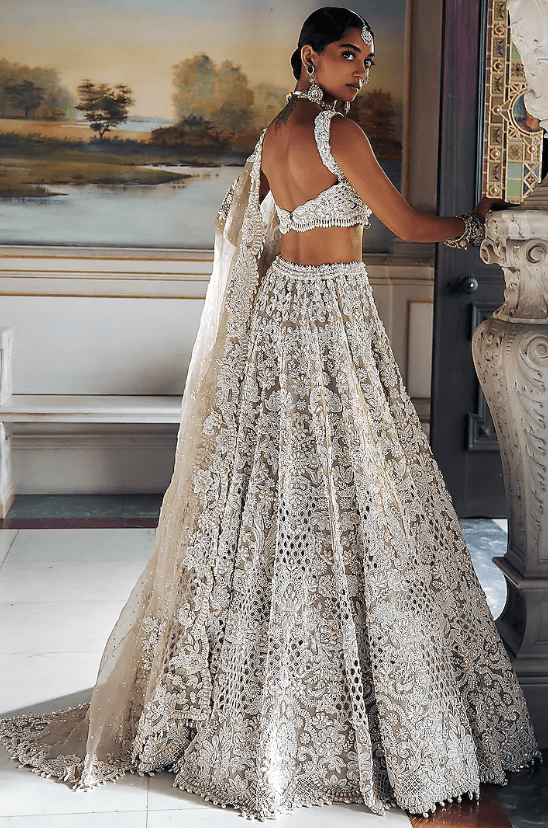 Nude Raw Silk Pearl Embroidered Lehenga Set - Image 2