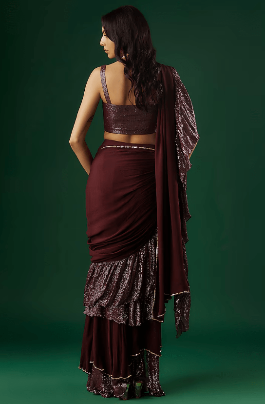 Deep Wine Shimmer Georgette Sequin Ruffled Saree Set - Image 2