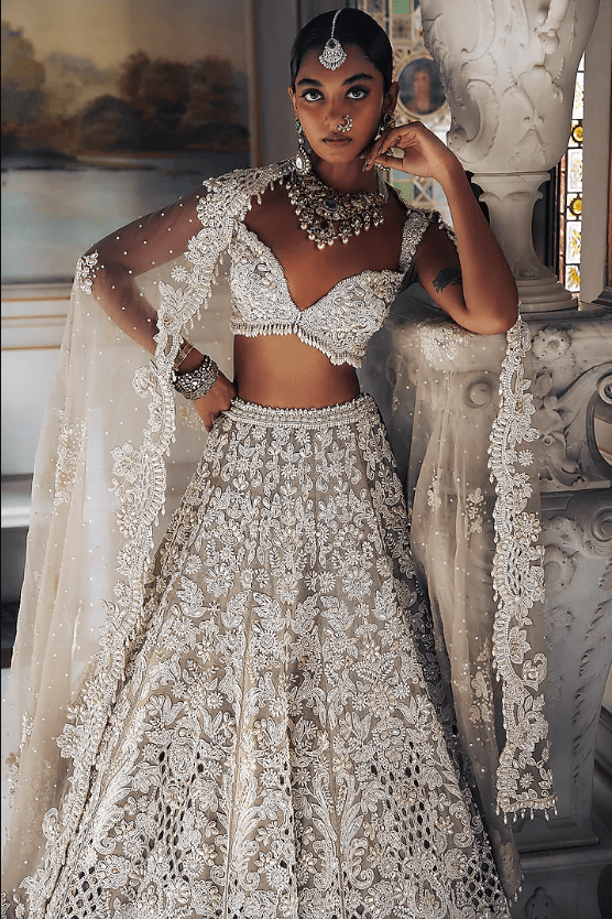 Nude Raw Silk Pearl Embroidered Lehenga Set - Image 3