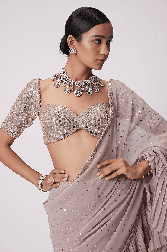Ash Pink Georgette Frilled Saree Set - Image 3