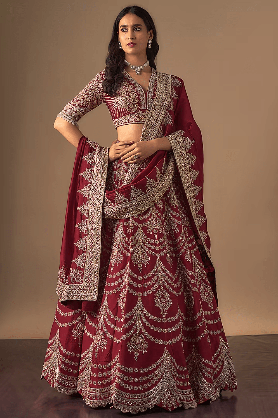 Red Raw Silk Zardosi Embroidered Lehenga Set