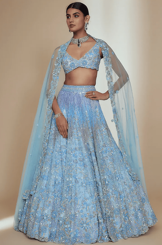 Blue Organza Crystal Beads Embroidered Lehenga Set