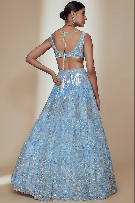 Blue Organza Crystal Beads Embroidered Lehenga Set - Image 2