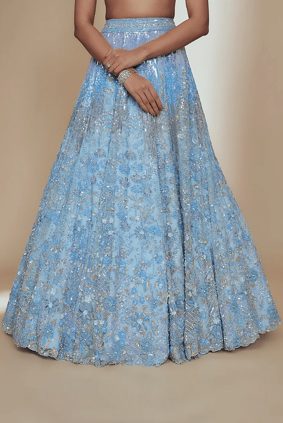 Blue Organza Crystal Beads Embroidered Lehenga Set - Image 3
