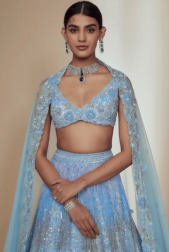 Blue Organza Crystal Beads Embroidered Lehenga Set - Image 4