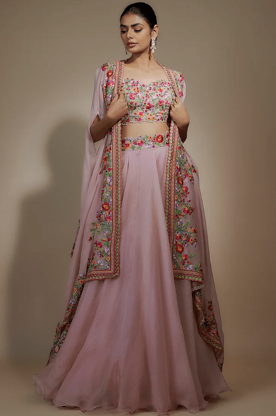 Pink Organza Thread Embroidered Skirt Set