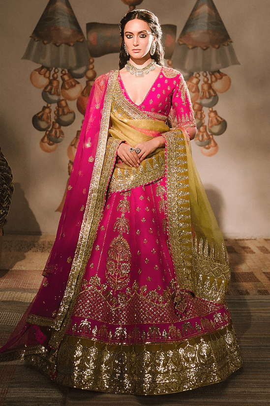 Rani Pink Raw Silk Cutdana Embroidered Lehenga Set
