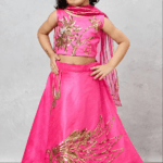 Pink Raw Silk Hand Embroidered Lehenga Set For Girls