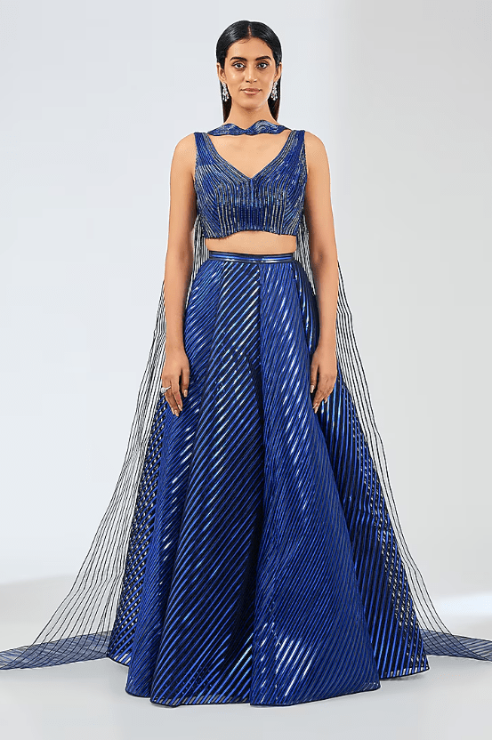 Cosmos Blue Metallic Stripper Lehenga Set
