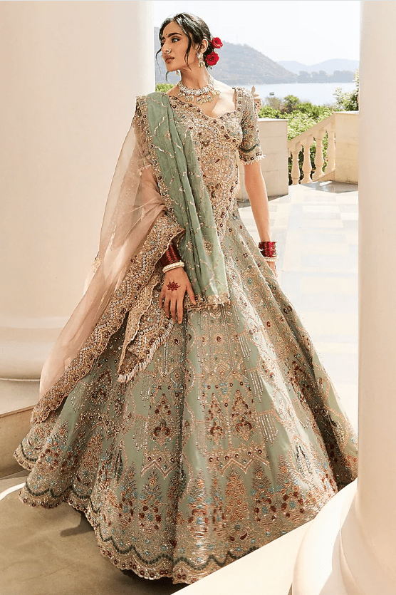 Sage Green Tissue & Georgette Chiffon Pearl Embroidered Lehenga Set