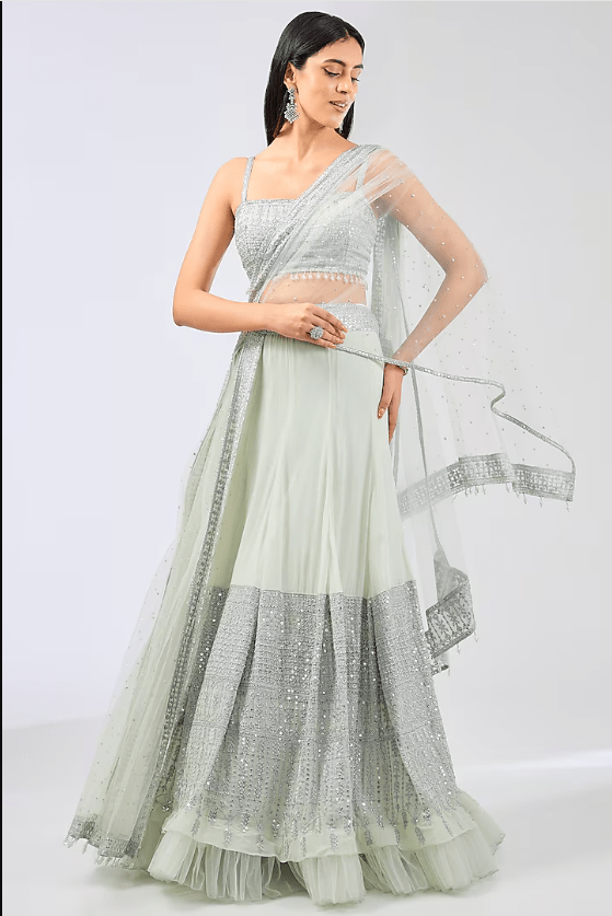 Sage Green Georgette Thread Embroidered Lehenga Set