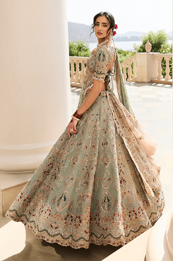 Sage Green Tissue & Georgette Chiffon Pearl Embroidered Lehenga Set - Image 2