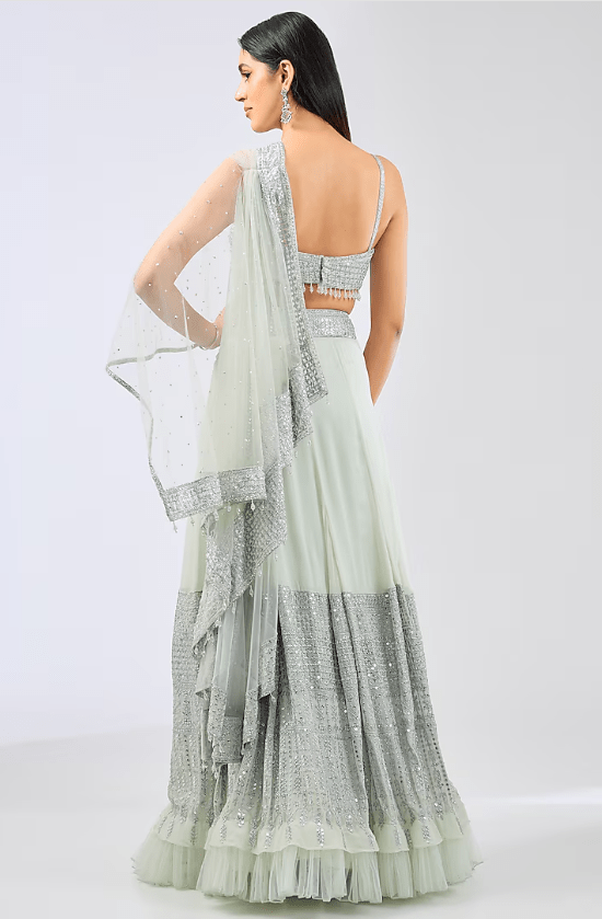 Sage Green Georgette Thread Embroidered Lehenga Set - Image 2